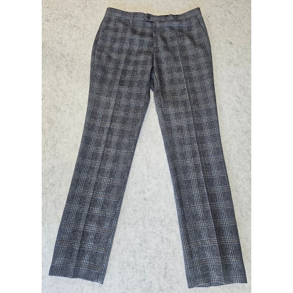 Suslo Couture Plaid Trousers Dress Pants, Blue Gray Mens Sz W36/32